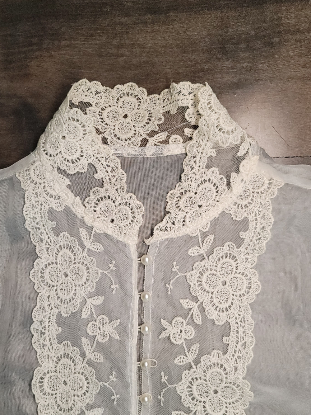 VINTAGE Shelley Johnson Twin Peaks Sheer Peplum Blouse Lace Trim Pearl Buttons - Picture 2 of 15